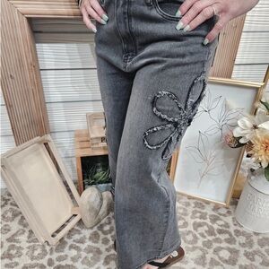 NWT Boutique Charcoal Women's Flare Jeans with Floral Accent